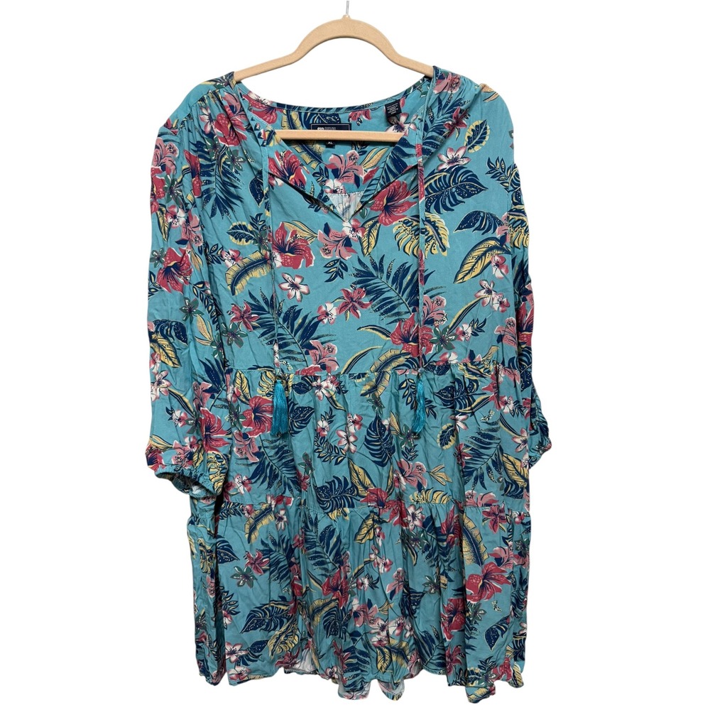 Reyn Spooner Women's XL Blue Tropical Floral Tiered Dress Hawaiian Boho Rayon